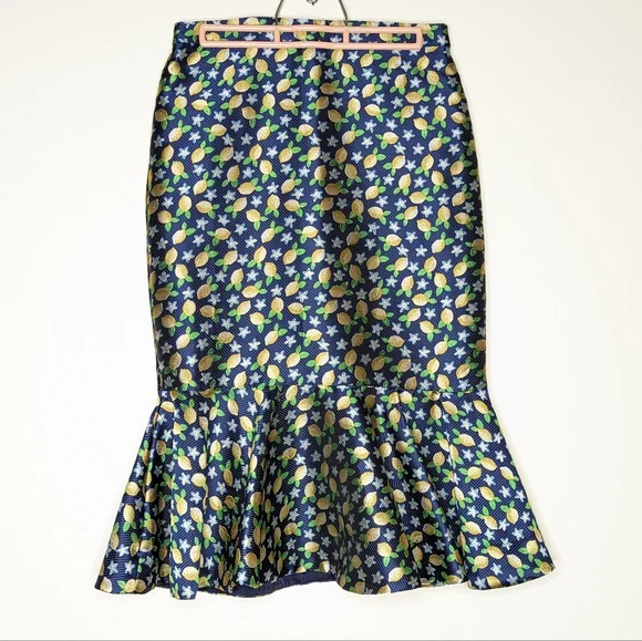 J crew lemon print trumpet skirt blue yellow fitted size XS 0 - Picture 2 of 7